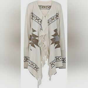 Vintage Boho Large Wool Southwestern Aztec Native Fringe Shaw Wrap Cardigan